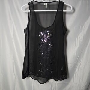 Studio Y Womens Black Sheer Sequin Beaded Tank Top Blouse Size S whimsy fairy